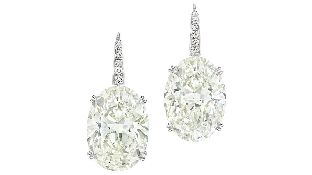 These diamond ear pendants, purchased for $1.4 million, feature I-color diamonds weighing 23.20 and 23.05 carats. Diamond ear pendants